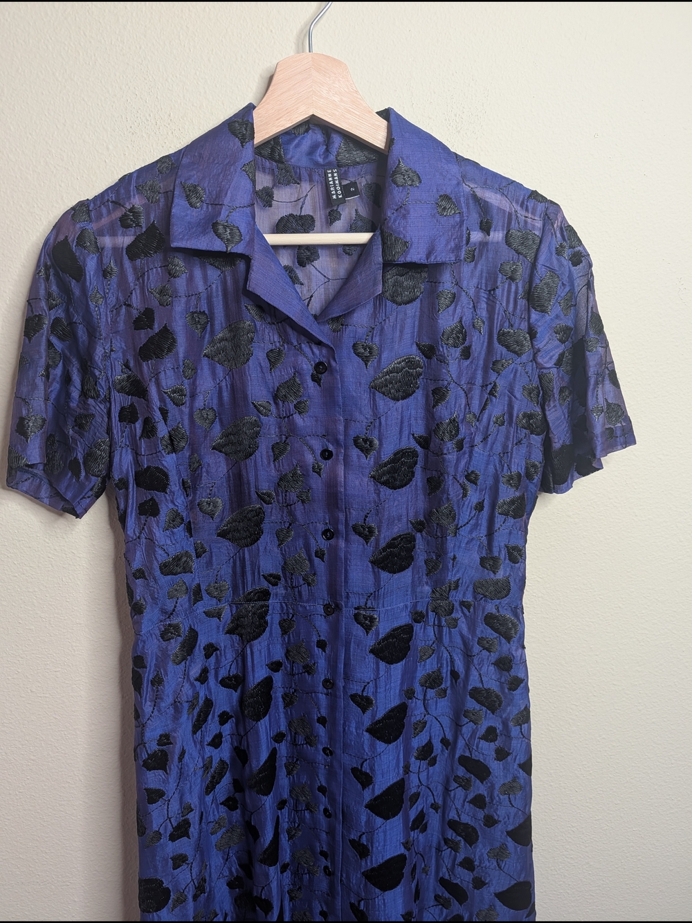 Marianne Kooimans 2 Silk Embroidered Leaf Midi Dress Button Front Blue Black - Picture 2 of 9
